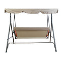 A sturdy outdoor swing chair with a metal frame, featuring a beige canopy and a cushioned seat partially covered by a beige fabric. The structure forms a stable base, ideal for relaxation in outdoor spaces like patios or gardens. Stable Outdoor Swing Chair with Canopy for Relaxing. outdoor swing chair, swing with canopy, beige - covered swing, metal - framed swing, patio relaxation furniture.