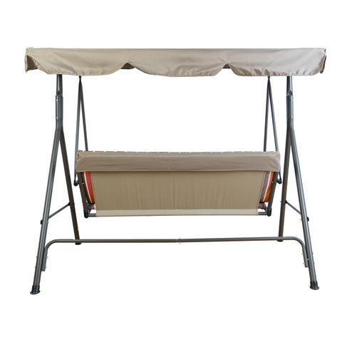 A sturdy outdoor swing chair with a metal frame, featuring a beige canopy and a cushioned seat partially covered by a beige fabric. The structure forms a stable base, ideal for relaxation in outdoor spaces like patios or gardens. Stable Outdoor Swing Chair with Canopy for Relaxing. outdoor swing chair, swing with canopy, beige - covered swing, metal - framed swing, patio relaxation furniture.