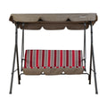 A Kozyard branded outdoor swing chair with a robust metal frame. It has a brown canopy providing shade, and the seat features a cushion with a striking pattern of alternating red and grey stripes. There is also a matching brown footrest area. Kozyard Outdoor Swing Chair: Stylish and Comfortable Seating. Kozyard swing chair, outdoor patio swing, striped - cushion swing, swing with canopy, outdoor relaxation furniture.