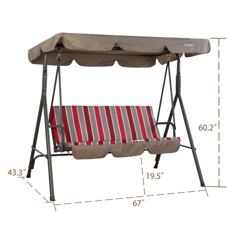 This is a Kozyard outdoor swing chair with a sturdy metal frame. It features a brown canopy and a seat cushion with a striking red and gray striped pattern. The dimensions of the swing chair are marked: 43.3 inches in width at the base, 67 inches in length, 60.2 inches in height, and 19.5 inches in seat depth. Kozyard Outdoor Swing Chair: Comfort with Precise Dimensions. Kozyard swing chair, outdoor patio swing, striped - cushion swing, swing with canopy, swing chair dimensions.