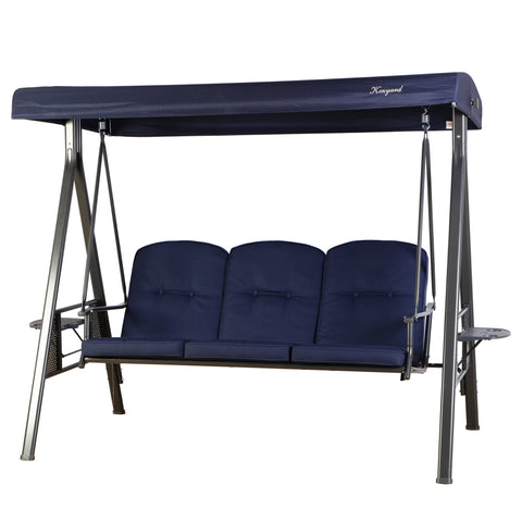 Outdoor Swing Bench with Navy Canopy and Cushions
An outdoor swing bench with a navy - colored canopy and matching navy cushions, branded "Kinyard". It features a sturdy metal frame, side mesh pockets, and cup holders, perfect for relaxing outdoors.