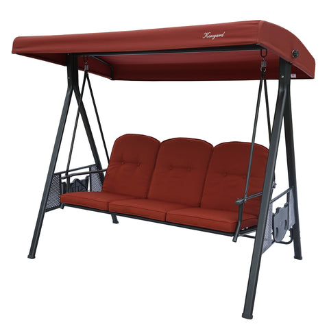 Outdoor Swing Bench with Red Canopy and Cushions
An outdoor swing bench featuring a red canopy and matching red cushions, branded "Kinyard". It has a sturdy black metal frame with side mesh pockets and a cup holder, ideal for outdoor relaxation.
