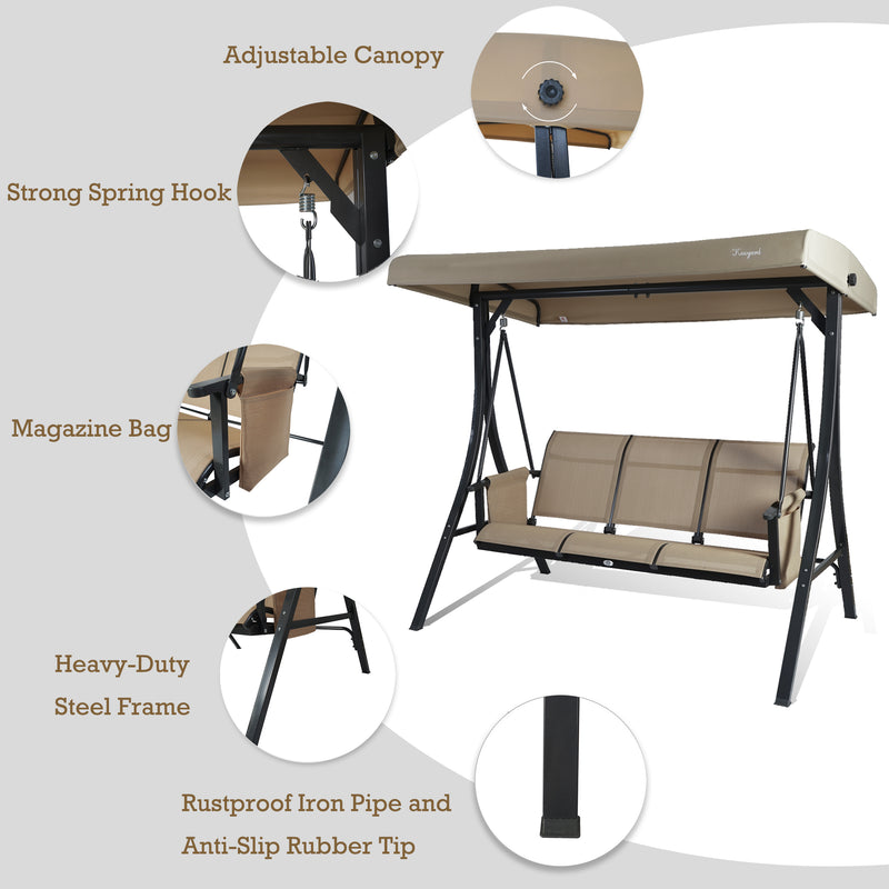 A beige Kozyard swing chair with key features highlighted. The swing has an adjustable canopy, strong spring hooks, a magazine bag on the side, a heavy - duty steel frame, and rustproof iron pipes with anti - slip rubber tips. The chair is designed for outdoor relaxation with both comfort and durability in mind. Kozyard Beige Swing Chair: Features for Outdoor Comfort. Kozyard swing chair, beige swing, adjustable canopy, heavy - duty steel frame, anti - slip rubber tips.