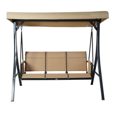 A beige - colored outdoor swing chair by Kozyard. The swing features a sturdy black metal frame, a canopy for shade, and a three - seater bench with beige fabric. It's a comfortable and stylish piece of outdoor furniture ideal for relaxation.Kozyard Beige Outdoor Swing Chair for Relaxing. Kozyard swing chair, outdoor swing, beige swing, black metal frame, outdoor relaxation.