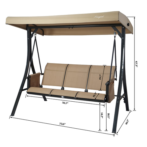 A beige Kozyard swing chair with dimensions labeled. The swing features a canopy, a three - seater bench with beige fabric, and a sturdy black metal frame. Key measurements include the length of the bench at 56.7 inches, the height of the backrest at 19.7 inches, and the overall width at 73.6 inches. Kozyard Beige Swing Chair with Dimensions. Kozyard swing chair, beige swing, outdoor swing chair, dimensions, black metal frame.

