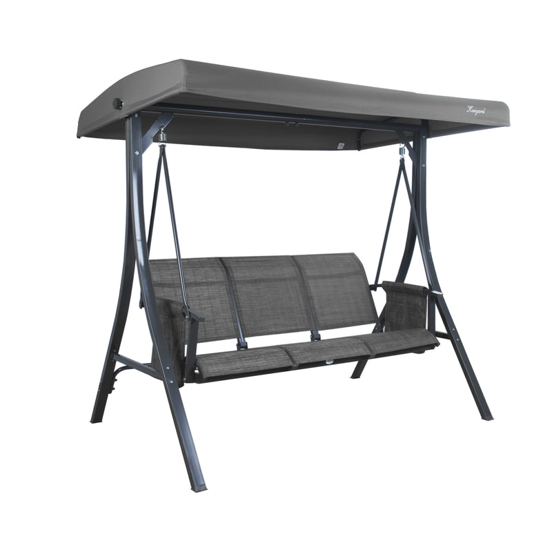 A gray-colored outdoor swing chair by Kozyard. The swing features a sturdy black metal frame, a canopy for shade, and a three-seater bench with gray fabric. It's a comfortable and stylish piece of outdoor furniture ideal for relaxation. Kozyard Gray Outdoor Swing Chair for Relaxing.
 Kozyard swing chair, outdoor swing, gray swing, black metal frame, outdoor relaxation