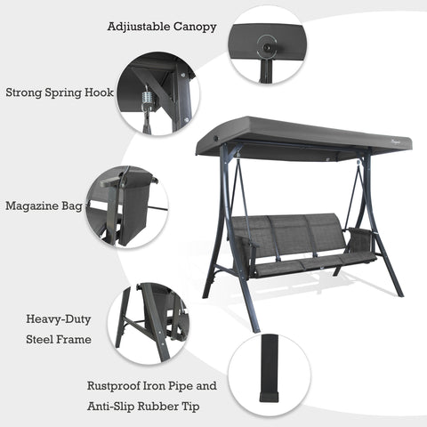 A gray Kozyard swing chair with key features highlighted. The swing has an adjustable canopy, strong spring hooks, a magazine bag on the side, a heavy-duty steel frame, and rustproof iron pipes with anti-slip rubber tips. The chair is designed for outdoor relaxation with both comfort and durability in mind. Kozyard Gray Swing Chair: Features for Outdoor Comfort.
Kozyard swing chair, gray swing, adjustable canopy, heavy-duty steel frame, anti-slip rubber tips