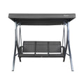 A gray-colored outdoor swing chair by Kozyard. The swing features a sturdy black metal frame, a canopy for shade, and a three-seater bench with gray fabric. It's a comfortable and stylish piece of outdoor furniture ideal for relaxation. Kozyard Gray Outdoor Swing Chair for Relaxing.
 Kozyard swing chair, outdoor swing, gray swing, black metal frame, outdoor relaxation