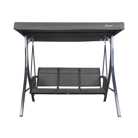 A gray-colored outdoor swing chair by Kozyard. The swing features a sturdy black metal frame, a canopy for shade, and a three-seater bench with gray fabric. It's a comfortable and stylish piece of outdoor furniture ideal for relaxation. Kozyard Gray Outdoor Swing Chair for Relaxing.
 Kozyard swing chair, outdoor swing, gray swing, black metal frame, outdoor relaxation