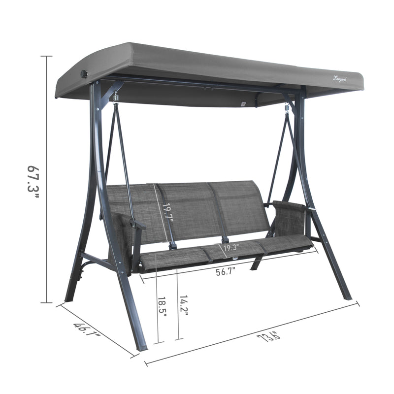 A gray Kozyard swing chair with dimensions labeled. The swing features a canopy, a three-seater bench with gray fabric, and a sturdy black metal frame. Key measurements include the length of the bench at 56.7 inches, the height of the backrest at 19.7 inches, and the overall width at 73.6 inches. Kozyard Gray Swing Chair with Dimensions.
Kozyard swing chair, gray swing, outdoor swing chair, dimensions, black metal frame