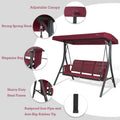 A red Kozyard swing chair with key features highlighted. The swing has an adjustable canopy, strong spring hooks, a magazine bag on the side, a heavy-duty steel frame, and rustproof iron pipes with anti-slip rubber tips. The chair is designed for outdoor relaxation with both comfort and durability in mind. Kozyard Red Swing Chair: Features for Outdoor Comfort.Kozyard swing chair, red swing, adjustable canopy, heavy-duty steel frame, anti-slip rubber tips