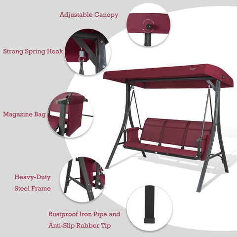 A red Kozyard swing chair with key features highlighted. The swing has an adjustable canopy, strong spring hooks, a magazine bag on the side, a heavy-duty steel frame, and rustproof iron pipes with anti-slip rubber tips. The chair is designed for outdoor relaxation with both comfort and durability in mind. Kozyard Red Swing Chair: Features for Outdoor Comfort.Kozyard swing chair, red swing, adjustable canopy, heavy-duty steel frame, anti-slip rubber tips