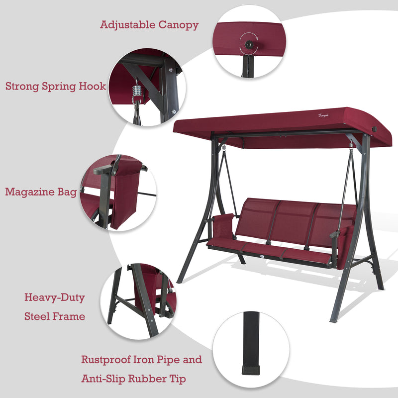 A red Kozyard swing chair with key features highlighted. The swing has an adjustable canopy, strong spring hooks, a magazine bag on the side, a heavy-duty steel frame, and rustproof iron pipes with anti-slip rubber tips. The chair is designed for outdoor relaxation with both comfort and durability in mind. Kozyard Red Swing Chair: Features for Outdoor Comfort.Kozyard swing chair, red swing, adjustable canopy, heavy-duty steel frame, anti-slip rubber tips