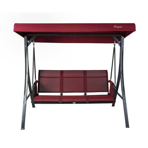 A red-colored outdoor swing chair by Kozyard. The swing features a sturdy black metal frame, a canopy for shade, and a three-seater bench with red fabric. It's a comfortable and stylish piece of outdoor furniture ideal for relaxation. Kozyard Red Outdoor Swing Chair for Relaxing.
Kozyard swing chair, outdoor swing, red swing, black metal frame, outdoor relaxation

