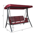A red Kozyard swing chair with dimensions labeled. The swing features a canopy, a three-seater bench with red fabric, and a sturdy black metal frame. Key measurements include the length of the bench at 56.7 inches, the height of the backrest at 19.7 inches, and the overall width at 73.6 inches. Kozyard Red Swing Chair with Dimensions.
Kozyard swing chair, red swing, outdoor swing chair, dimensions, black metal frame

