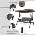 A taupe Kozyard swing chair with key features highlighted. The swing has an adjustable canopy, strong spring hooks, a magazine bag on the side, a heavy-duty steel frame, and rustproof iron pipes with anti-slip rubber tips. The chair is designed for outdoor relaxation with both comfort and durability in mind. Kozyard Taupe Swing Chair: Features for Outdoor Comfort.
 Kozyard swing chair, taupe swing, adjustable canopy, heavy-duty steel frame, anti-slip rubber tips
