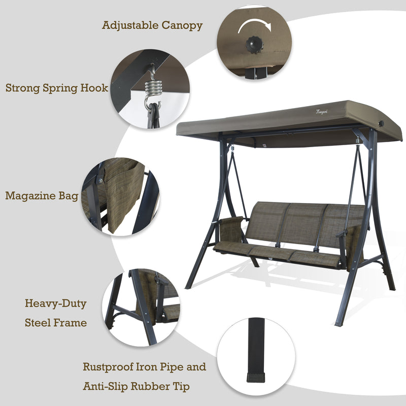 A taupe Kozyard swing chair with key features highlighted. The swing has an adjustable canopy, strong spring hooks, a magazine bag on the side, a heavy-duty steel frame, and rustproof iron pipes with anti-slip rubber tips. The chair is designed for outdoor relaxation with both comfort and durability in mind. Kozyard Taupe Swing Chair: Features for Outdoor Comfort.
 Kozyard swing chair, taupe swing, adjustable canopy, heavy-duty steel frame, anti-slip rubber tips