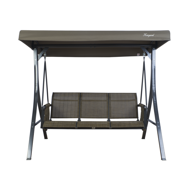 A taupe-colored outdoor swing chair by Kozyard. The swing features a sturdy black metal frame, a canopy for shade, and a three-seater bench with taupe fabric. It's a comfortable and stylish piece of outdoor furniture ideal for relaxation. Kozyard Taupe Outdoor Swing Chair for Relaxing.
Kozyard swing chair, outdoor swing, taupe swing, black metal frame, outdoor relaxation


