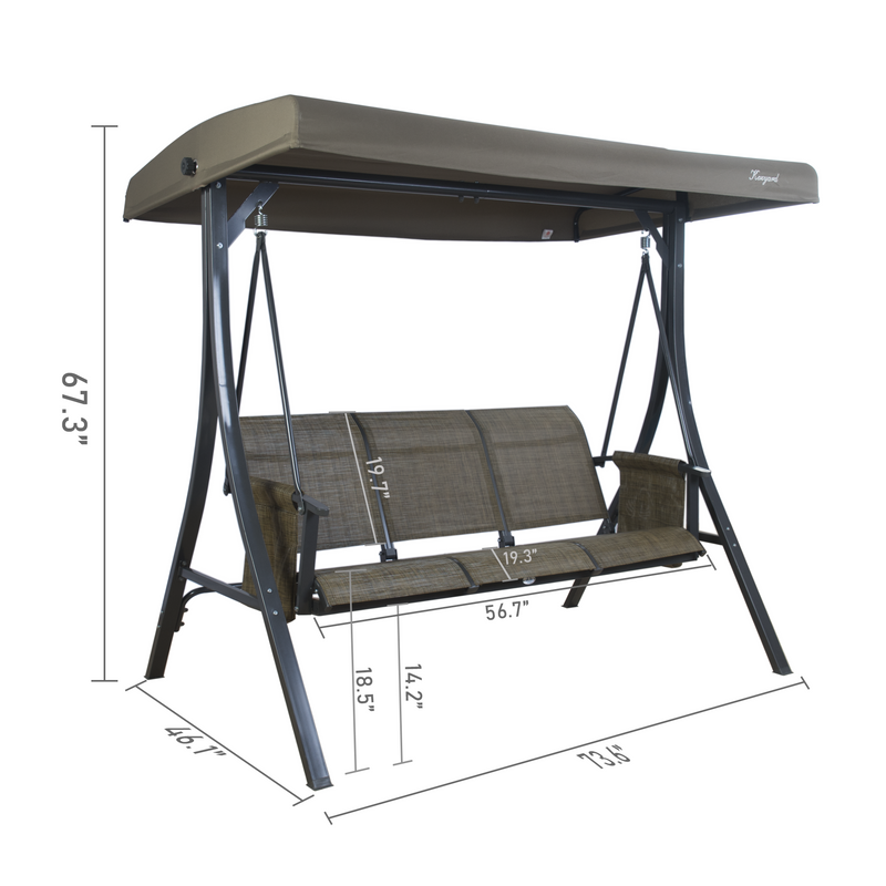 A taupe Kozyard swing chair with dimensions labeled. The swing features a canopy, a three-seater bench with taupe fabric, and a sturdy black metal frame. Key measurements include the length of the bench at 56.7 inches, the height of the backrest at 19.7 inches, and the overall width at 73.6 inches. Kozyard Taupe Swing Chair with Dimensions.
Kozyard swing chair, taupe swing, outdoor swing chair, dimensions, black metal frame