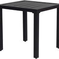 Sleek Black Outdoor Square Table
alt text：A modern black square outdoor table with a slatted top and sturdy legs, suitable for patio or garden use. Keywords: outdoor square table, black patio furniture, slatted top