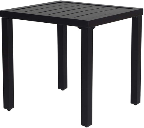 Sleek Black Outdoor Square Table
alt text：A modern black square outdoor table with a slatted top and sturdy legs, suitable for patio or garden use. Keywords: outdoor square table, black patio furniture, slatted top