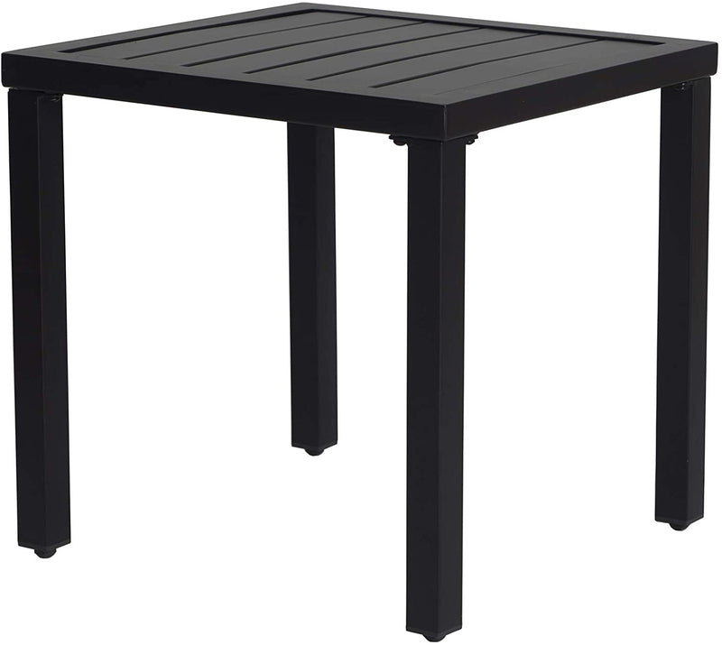 Sleek Black Outdoor Square Table
alt text：A modern black square outdoor table with a slatted top and sturdy legs, suitable for patio or garden use. Keywords: outdoor square table, black patio furniture, slatted top