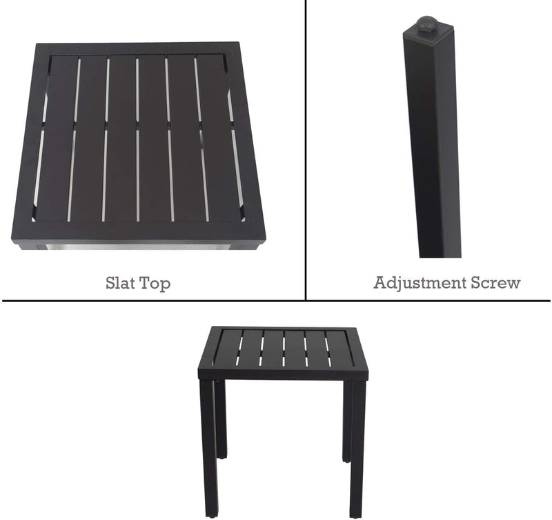 Features of a Black Outdoor Square Table
alt text：A visual presentation highlighting the slat top and adjustment screw features of a black outdoor square table. Keywords: outdoor table features, slat top design, adjustment screw