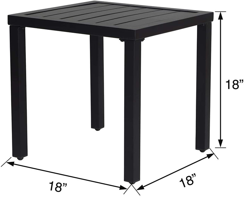 Dimensions of a Black Outdoor Square Table
alt text：A diagram displaying the measurements of a black outdoor square table, with all sides and height marked as 18 inches. Keywords: outdoor table dimensions, square patio table
