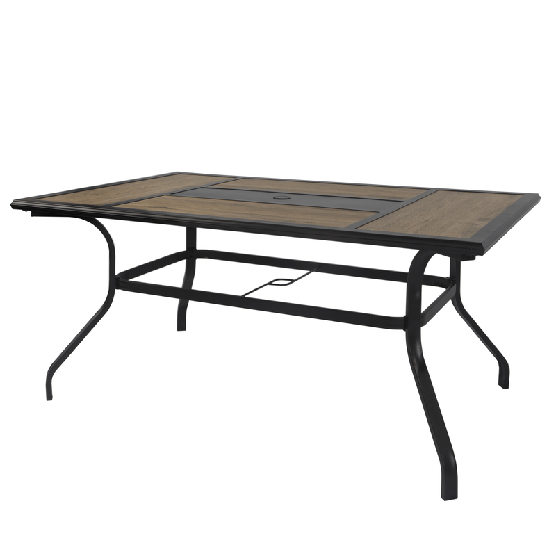 Outdoor Patio Dining Table with Decorative Top
An outdoor patio dining table featuring a combination of black metal frame and a wooden - look top with a central insert. Keywords: outdoor dining table, patio table, metal frame
