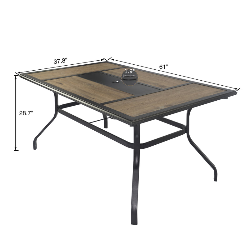 Outdoor Patio Table with Dimensions
An outdoor patio table with its length, width, height and central feature dimension marked. Keywords: outdoor patio table, table dimensions, metal frame, polywood top
