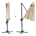 Two images of a beige patio umbrella showing different states. The left image depicts the umbrella in a fully - folded position, while the right image shows it partially extended, with a red arrow indicating the transition between the two states.Beige Patio Umbrella: From Folded to Partially Extended. Adjustable Outdoor Umbrella: Folding and Extension Stages.beige patio umbrella, outdoor umbrella, umbrella folding, umbrella extension, adjustable umbrella.