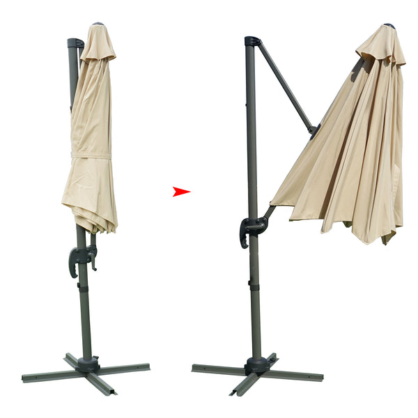 Two images of a beige patio umbrella showing different states. The left image depicts the umbrella in a fully - folded position, while the right image shows it partially extended, with a red arrow indicating the transition between the two states.Beige Patio Umbrella: From Folded to Partially Extended. Adjustable Outdoor Umbrella: Folding and Extension Stages.beige patio umbrella, outdoor umbrella, umbrella folding, umbrella extension, adjustable umbrella.