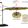 An informative graphic showcasing a beige cantilever patio umbrella. It highlights key features such as the cantilever offset design, crank - open mechanism with vertical tilt handle, air vent design, 8 sturdy steel ribs, and a strap with Velcro closure for when the umbrella is folded. Beige Cantilever Patio Umbrella: Multiple Functional Features. Patio Umbrella: Explore Its Unique Design and Features.beige patio umbrella, cantilever umbrella, air vent design, steel ribs, crank - open mechanism