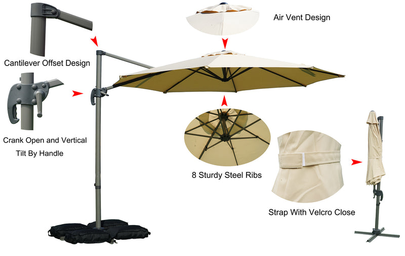 An informative graphic showcasing a beige cantilever patio umbrella. It highlights key features such as the cantilever offset design, crank - open mechanism with vertical tilt handle, air vent design, 8 sturdy steel ribs, and a strap with Velcro closure for when the umbrella is folded. Beige Cantilever Patio Umbrella: Multiple Functional Features. Patio Umbrella: Explore Its Unique Design and Features.beige patio umbrella, cantilever umbrella, air vent design, steel ribs, crank - open mechanism