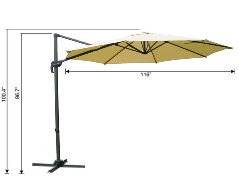 A side - view diagram of a beige cantilever patio umbrella with precise measurements. The height from the base to the top of the pole is 100.4 inches, the height from the base to the connection point of the canopy is 96.7 inches, and the width of the canopy is 116 inches. Beige Cantilever Patio Umbrella: Detailed Dimensions. Outdoor Offset Umbrella: Size Specifications in Inches. beige patio umbrella, cantilever umbrella, outdoor umbrella, umbrella dimensions, 100.4 - inch height, 96.7 - inch height, 116'