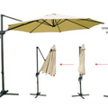 Visual guide demonstrating the process of folding a beige - colored cantilever patio umbrella and applying the included umbrella cover. The images show the umbrella in open, partially - folded, and fully - folded states, with the final step being the umbrella covered. Beige Patio Umbrella: Easy Folding and Covering Process. Outdoor Umbrella: Fold, Store, and Protect with Included Cover. beige patio umbrella, outdoor umbrella, umbrella folding, umbrella cover included, storage process