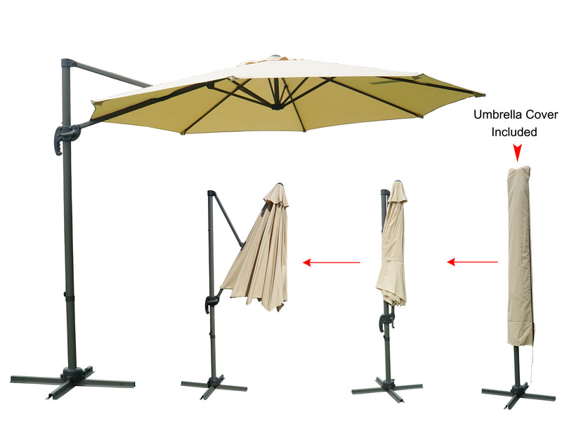 Visual guide demonstrating the process of folding a beige - colored cantilever patio umbrella and applying the included umbrella cover. The images show the umbrella in open, partially - folded, and fully - folded states, with the final step being the umbrella covered. Beige Patio Umbrella: Easy Folding and Covering Process. Outdoor Umbrella: Fold, Store, and Protect with Included Cover. beige patio umbrella, outdoor umbrella, umbrella folding, umbrella cover included, storage process