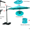 An informative graphic showcasing a blue cantilever patio umbrella. It highlights key features such as the cantilever offset design, crank - open mechanism with vertical tilt handle, air vent design, 8 sturdy steel ribs, and a strap with Velcro closure for when the umbrella is folded. Blue Cantilever Patio Umbrella: Multiple Functional Features. Patio Umbrella: Explore Its Unique Design and Features.blue patio umbrella, cantilever umbrella, air vent design, steel ribs, crank - open mechanism