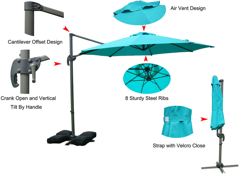 An informative graphic showcasing a blue cantilever patio umbrella. It highlights key features such as the cantilever offset design, crank - open mechanism with vertical tilt handle, air vent design, 8 sturdy steel ribs, and a strap with Velcro closure for when the umbrella is folded. Blue Cantilever Patio Umbrella: Multiple Functional Features. Patio Umbrella: Explore Its Unique Design and Features.blue patio umbrella, cantilever umbrella, air vent design, steel ribs, crank - open mechanism