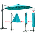 Visual guide demonstrating the process of folding a turquoise - colored cantilever patio umbrella and applying the included umbrella cover. The images show the umbrella in open, partially - folded, and fully - folded states, with the final step being the umbrella covered. Turquoise Patio Umbrella: Easy Folding and Covering Process. Outdoor Umbrella: Fold, Store, and Protect with Included Cover. turquoise patio umbrella, outdoor umbrella, umbrella folding, umbrella cover included, storage process