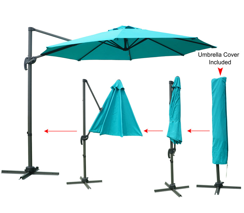 Visual guide demonstrating the process of folding a turquoise - colored cantilever patio umbrella and applying the included umbrella cover. The images show the umbrella in open, partially - folded, and fully - folded states, with the final step being the umbrella covered. Turquoise Patio Umbrella: Easy Folding and Covering Process. Outdoor Umbrella: Fold, Store, and Protect with Included Cover. turquoise patio umbrella, outdoor umbrella, umbrella folding, umbrella cover included, storage process