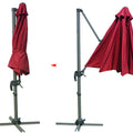 Two images of a red patio umbrella showing different states. The left image depicts the umbrella in a fully - folded position, while the right image shows it partially extended, with a red arrow indicating the transition between the two states.Red Patio Umbrella: From Folded to Partially Extended. Adjustable Outdoor Umbrella: Folding and Extension Stages. red patio umbrella, outdoor umbrella, umbrella folding, umbrella extension, adjustable umbrella.