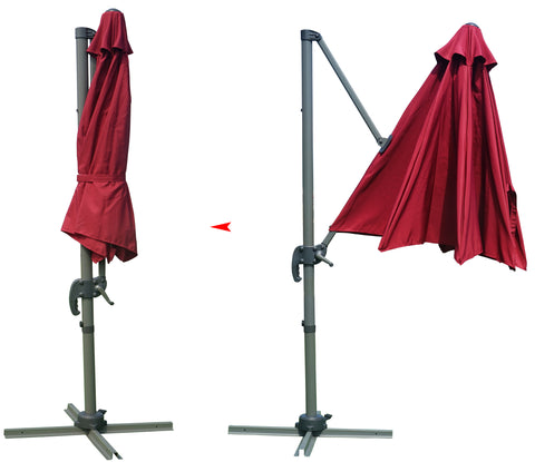 Two images of a red patio umbrella showing different states. The left image depicts the umbrella in a fully - folded position, while the right image shows it partially extended, with a red arrow indicating the transition between the two states.Red Patio Umbrella: From Folded to Partially Extended. Adjustable Outdoor Umbrella: Folding and Extension Stages. red patio umbrella, outdoor umbrella, umbrella folding, umbrella extension, adjustable umbrella.