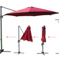 Visual guide demonstrating the process of folding a red - colored cantilever patio umbrella and applying the included umbrella cover. The images show the umbrella in open, partially - folded, and fully - folded states, with the final step being the umbrella covered. Red Patio Umbrella: Easy Folding and Covering Process. Outdoor Umbrella: Fold, Store, and Protect with Included Cover. red patio umbrella, outdoor umbrella, umbrella folding, umbrella cover included, storage process