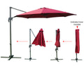 Visual guide demonstrating the process of folding a red - colored cantilever patio umbrella and applying the included umbrella cover. The images show the umbrella in open, partially - folded, and fully - folded states, with the final step being the umbrella covered. Red Patio Umbrella: Easy Folding and Covering Process. Outdoor Umbrella: Fold, Store, and Protect with Included Cover. red patio umbrella, outdoor umbrella, umbrella folding, umbrella cover included, storage process