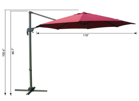 A side - view diagram of a red cantilever patio umbrella with precise measurements. The height from the base to the top of the pole is 100.4 inches, the height from the base to the connection point of the canopy is 96.7 inches, and the width of the canopy is 116 inches. Red Cantilever Patio Umbrella: Detailed Dimensions. Outdoor Offset Umbrella: Size Specifications in Inches. red patio umbrella, cantilever umbrella, outdoor umbrella, umbrella dimensions, 100.4 - inch height, 96.7 - inch height, 116'