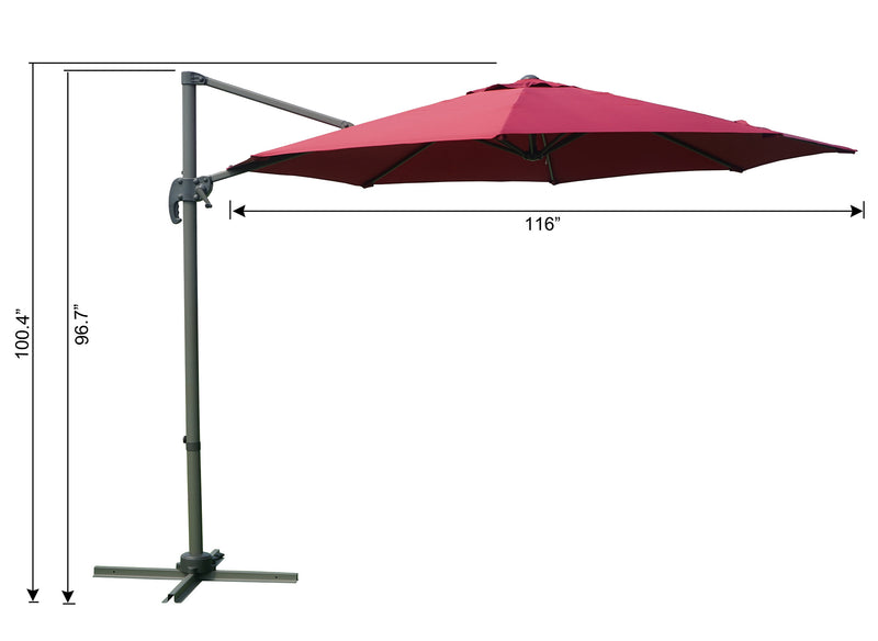 A side - view diagram of a red cantilever patio umbrella with precise measurements. The height from the base to the top of the pole is 100.4 inches, the height from the base to the connection point of the canopy is 96.7 inches, and the width of the canopy is 116 inches. Red Cantilever Patio Umbrella: Detailed Dimensions. Outdoor Offset Umbrella: Size Specifications in Inches. red patio umbrella, cantilever umbrella, outdoor umbrella, umbrella dimensions, 100.4 - inch height, 96.7 - inch height, 116'