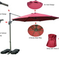 An informative graphic showcasing a red cantilever patio umbrella. It highlights key features such as the cantilever offset design, crank - open mechanism with vertical tilt handle, air vent design, 8 sturdy steel ribs, and a strap with Velcro closure for when the umbrella is folded. Red Cantilever Patio Umbrella: Multiple Functional Features. Patio Umbrella: Explore Its Unique Design and Features.red patio umbrella, cantilever umbrella, air vent design, steel ribs, crank - open mechanism