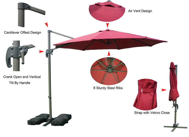 An informative graphic showcasing a red cantilever patio umbrella. It highlights key features such as the cantilever offset design, crank - open mechanism with vertical tilt handle, air vent design, 8 sturdy steel ribs, and a strap with Velcro closure for when the umbrella is folded. Red Cantilever Patio Umbrella: Multiple Functional Features. Patio Umbrella: Explore Its Unique Design and Features.red patio umbrella, cantilever umbrella, air vent design, steel ribs, crank - open mechanism