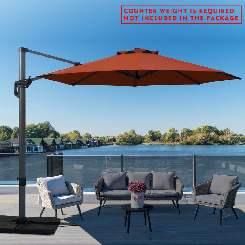 A red cantilever patio umbrella set up on a wooden deck overlooking the lake. Note: Counter weight is required and not included in the package.
Outdoor offset umbrella providing shade near wicker chairs by the lake side. Counter weight needed, not part of the package. Lake side Cantilever Umbrella: Counter Weight Not Included. Ocean - View Patio Umbrella: Counter Weight Required. cantilever umbrella, patio umbrella, outdoor umbrella, seaside umbrella, counter weight, wicker chairs, lake - view